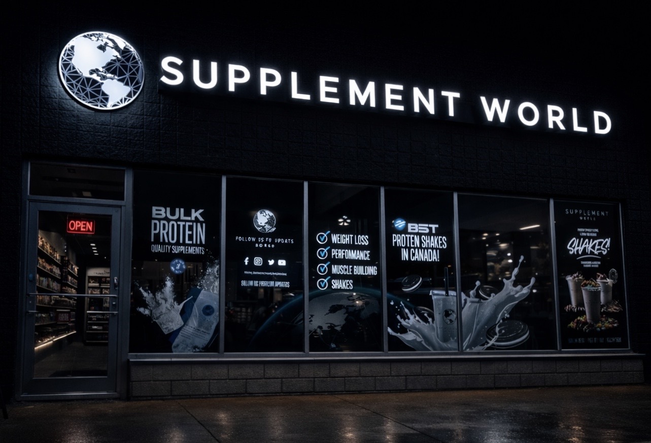 Supplement World — large halo-lit channel letters with full window graphics storefront
